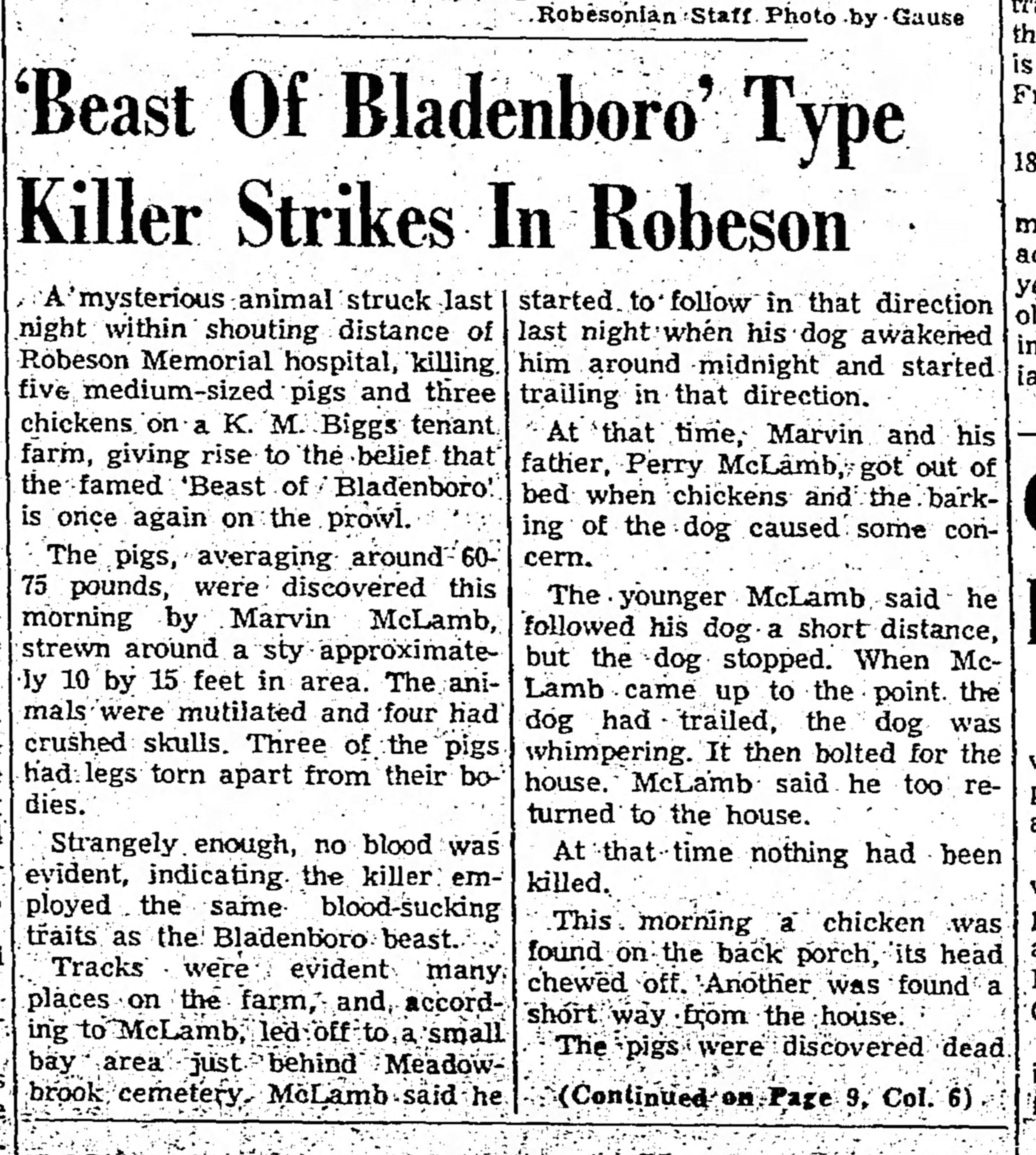 Beast of Bladenboro Robeson County North Carolina